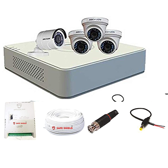 Hikvision DS-7A04HQHI-K1 1080P (2MP) 4CH Turbo HD DVR 1Pcs + Hikvison Turbo Bullet Camera DS-2CE1AD0T-IRF 1Pcs + Hikvison Turbo Dome Camera DS-2CE5AD0T-IRPF 3Pcs+Copper (3+1) Cable+4Ch Power Supply Full Combo Kit.