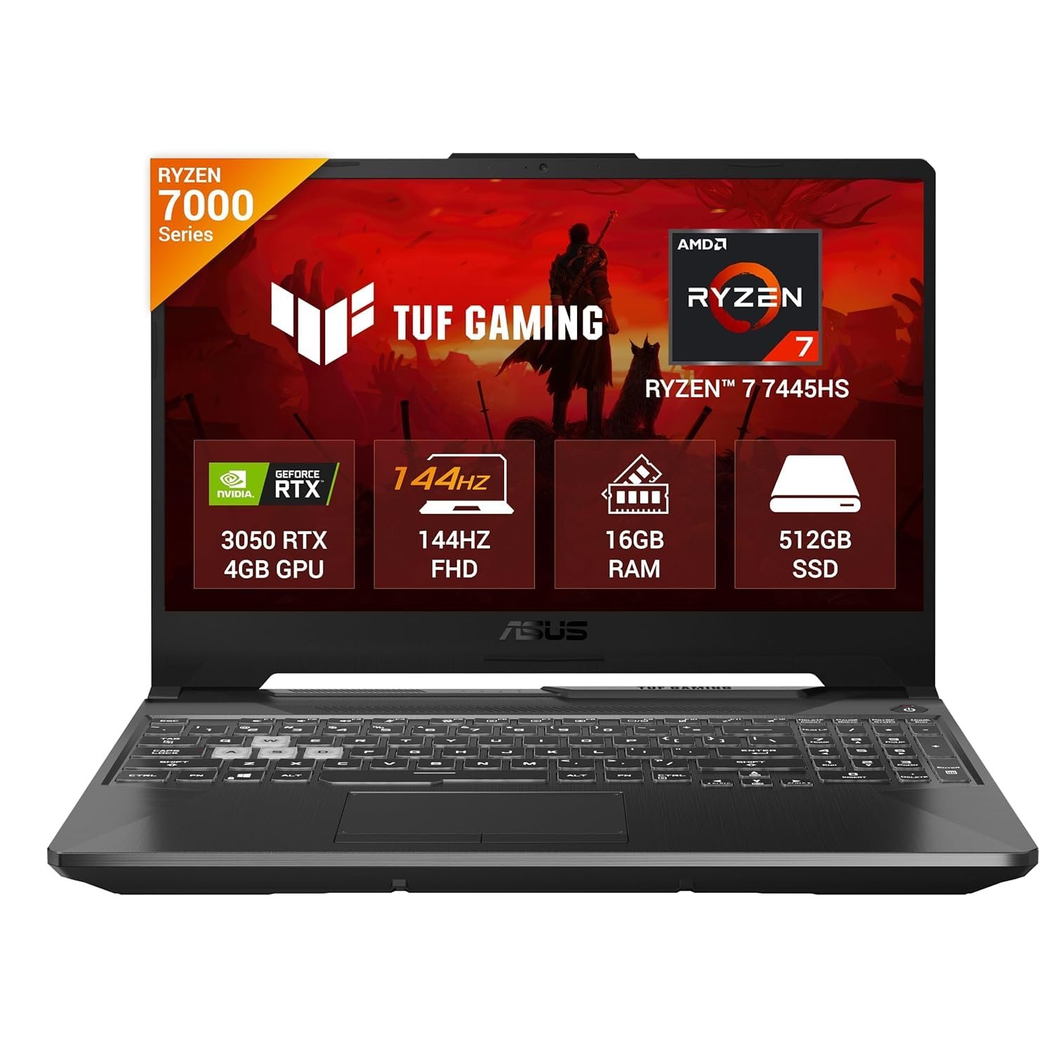 ASUS TUF A15, AMD Ryzen 7 7445HS, Gaming Laptop(RTX 3050-4GB/75W TGP/16GB RAM/512GB SSD/FHD/15.6"/144Hz/Backlit Keyboard/48Whrs/Win11/MS Office24/Graphite Black/2.3 Kg) FA506NCG-HN200WS